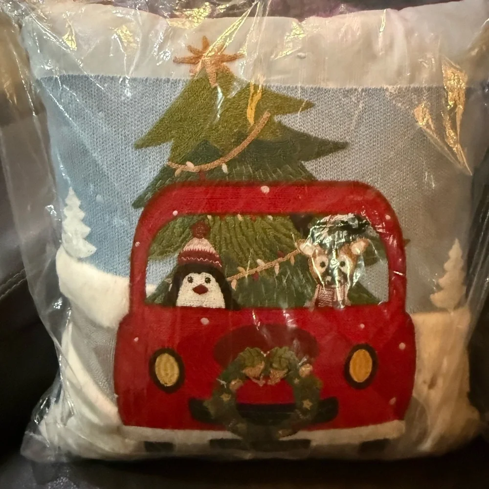 Festive Red Holiday Truck Pillow with Tree and Characters